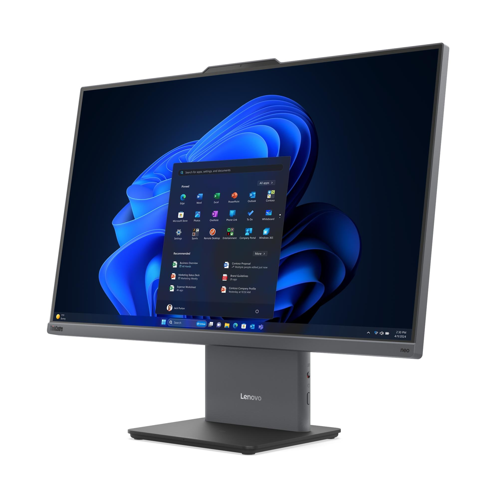 Un PC all-in-one Lenovo grigio con desktop Windows 11 su supporto su sfondo bianco.