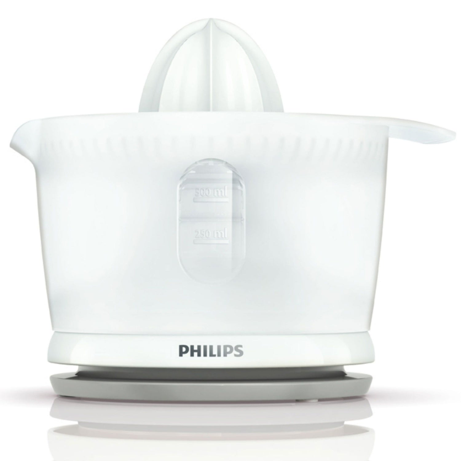Un exprimidor eléctrico Philips blanco con ventana de medición sobre base gris y fondo blanco.
