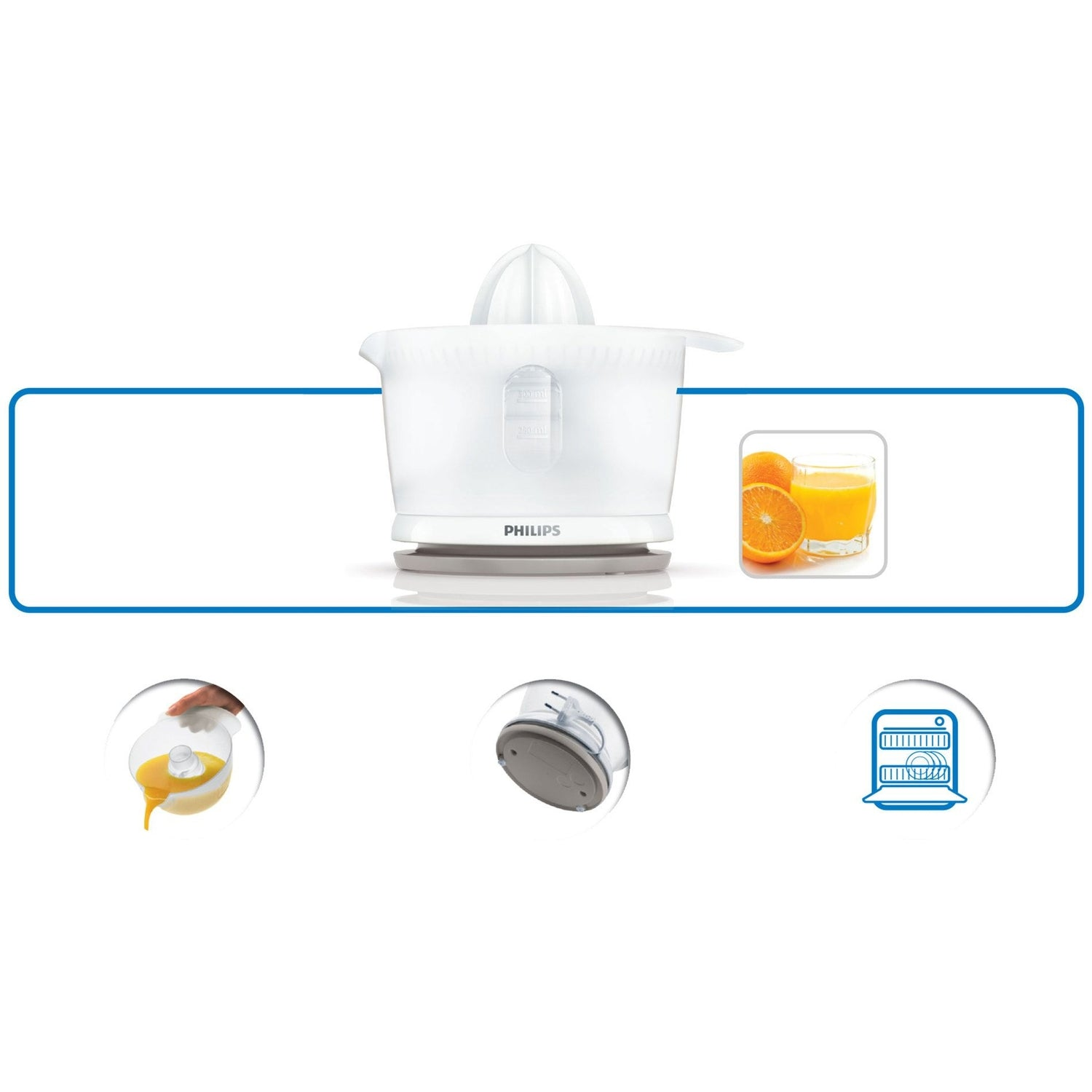 Exprimidor de cítricos Philips blanco con vaso de zumo e iconos de uso, recogecables y apto para lavavajillas.