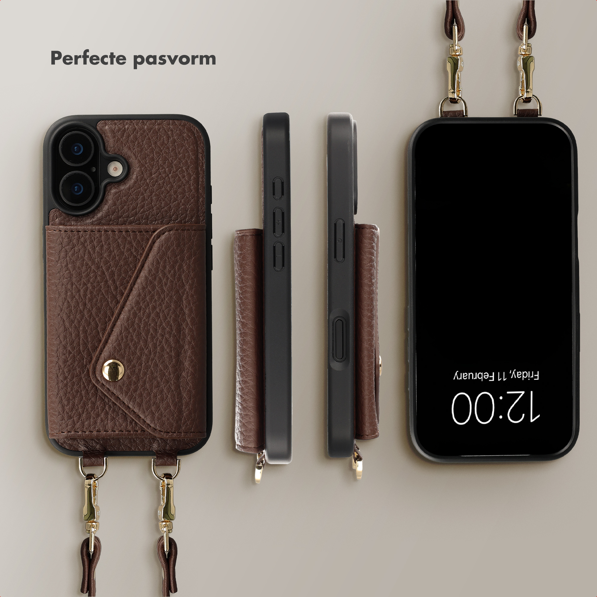 Brown leather phone case with card holder and strap shown from multiple angles against a grey background.