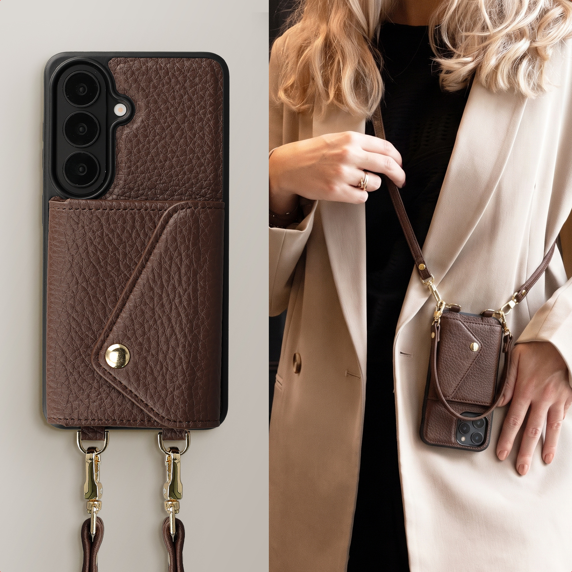 Eine braune Leder-Handyhülle mit Tasche, goldenen Details und einem langen Umhängeband an einer Frau.