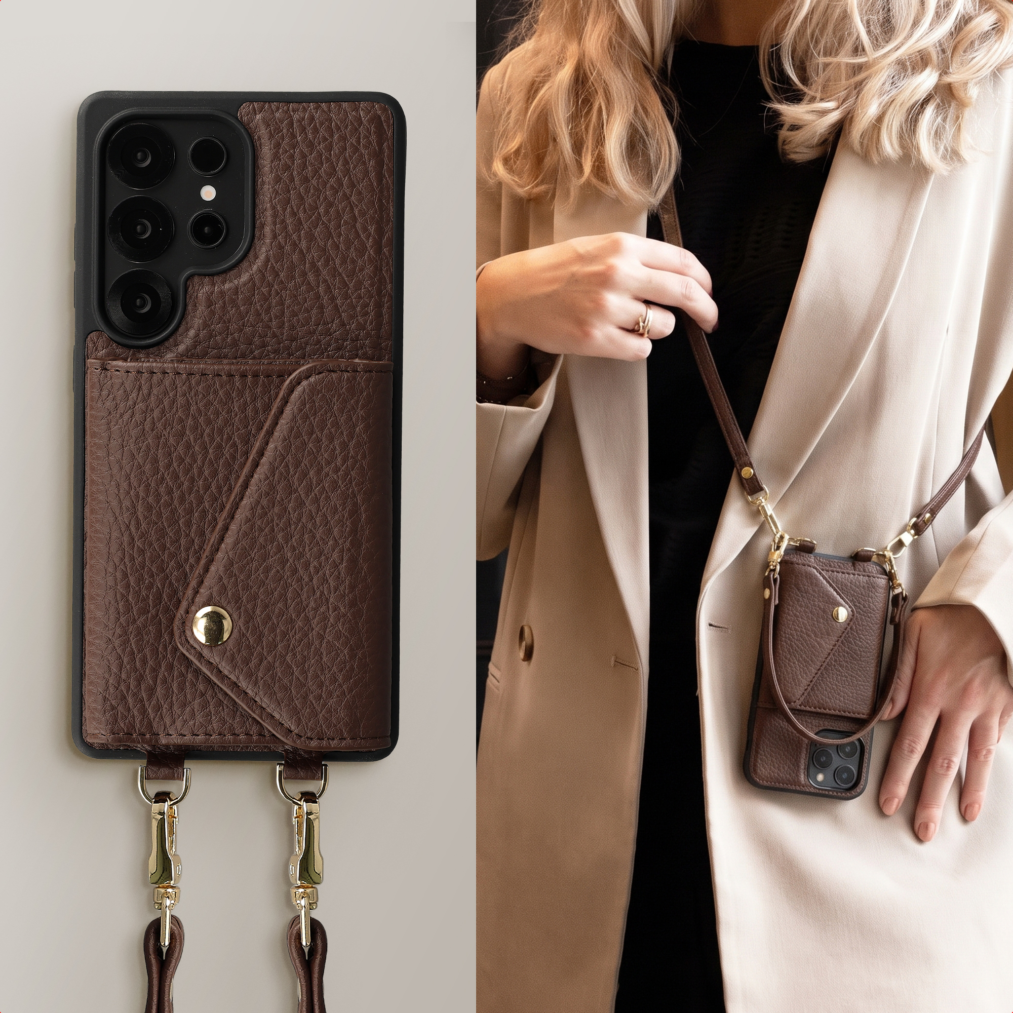 Een blonde vrouw draagt een bruin leren telefoonhoesje met schouderband.