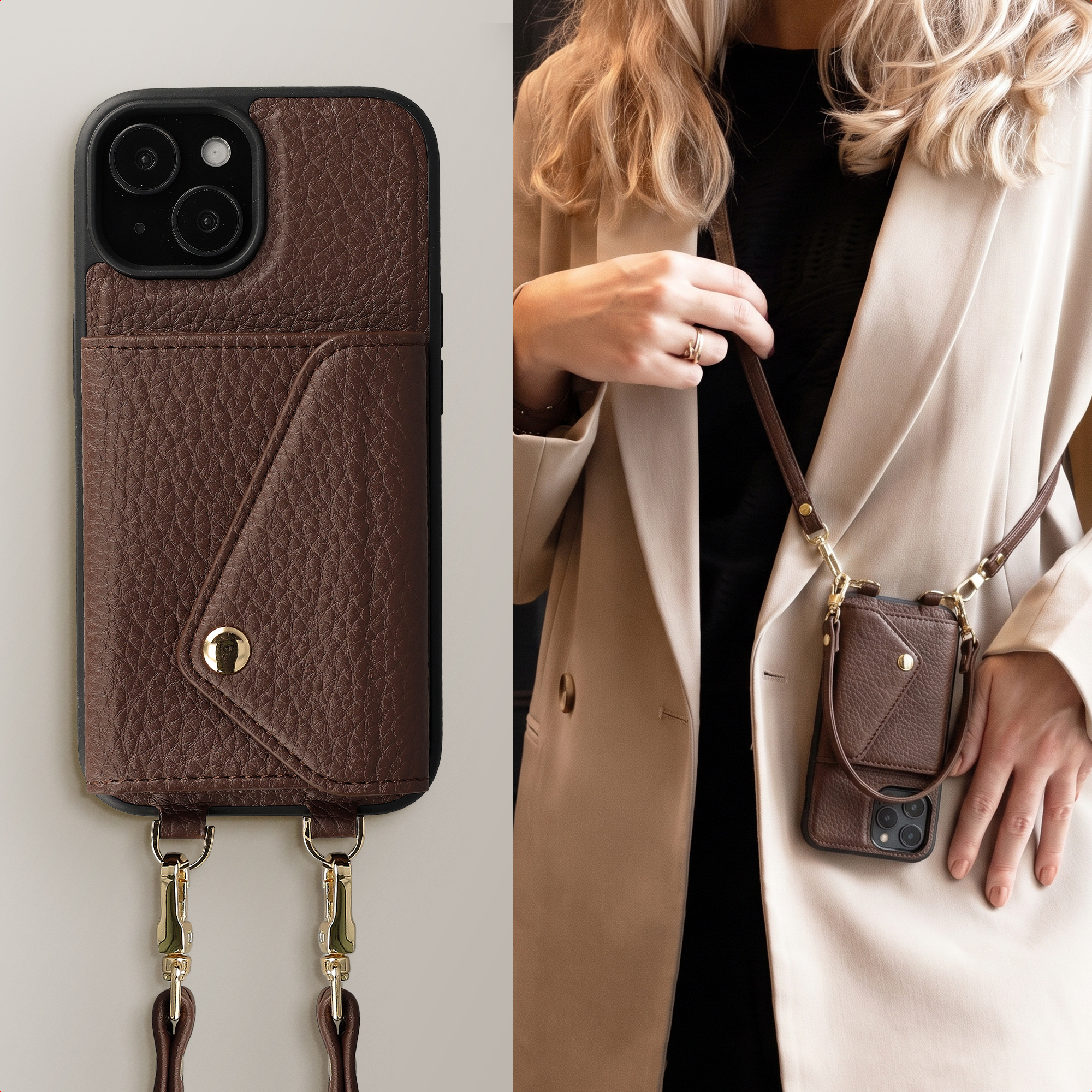 Een bruine leren telefoonhoes met zakje, gedragen aan een band door iemand in een beige blazer.