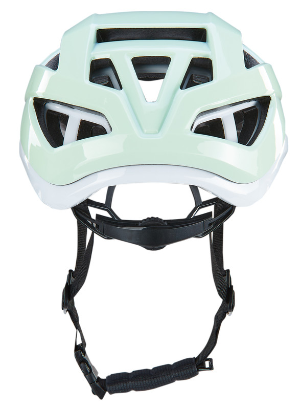 Ein hellgrüner und weißer Fahrradhelm mit schwarzen Riemen und Einstellrad vor weißem Hintergrund.