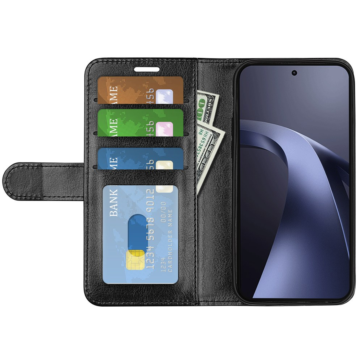 Black leather phone case with card slots holding credit cards and US dollar bills, next to the smartphone.