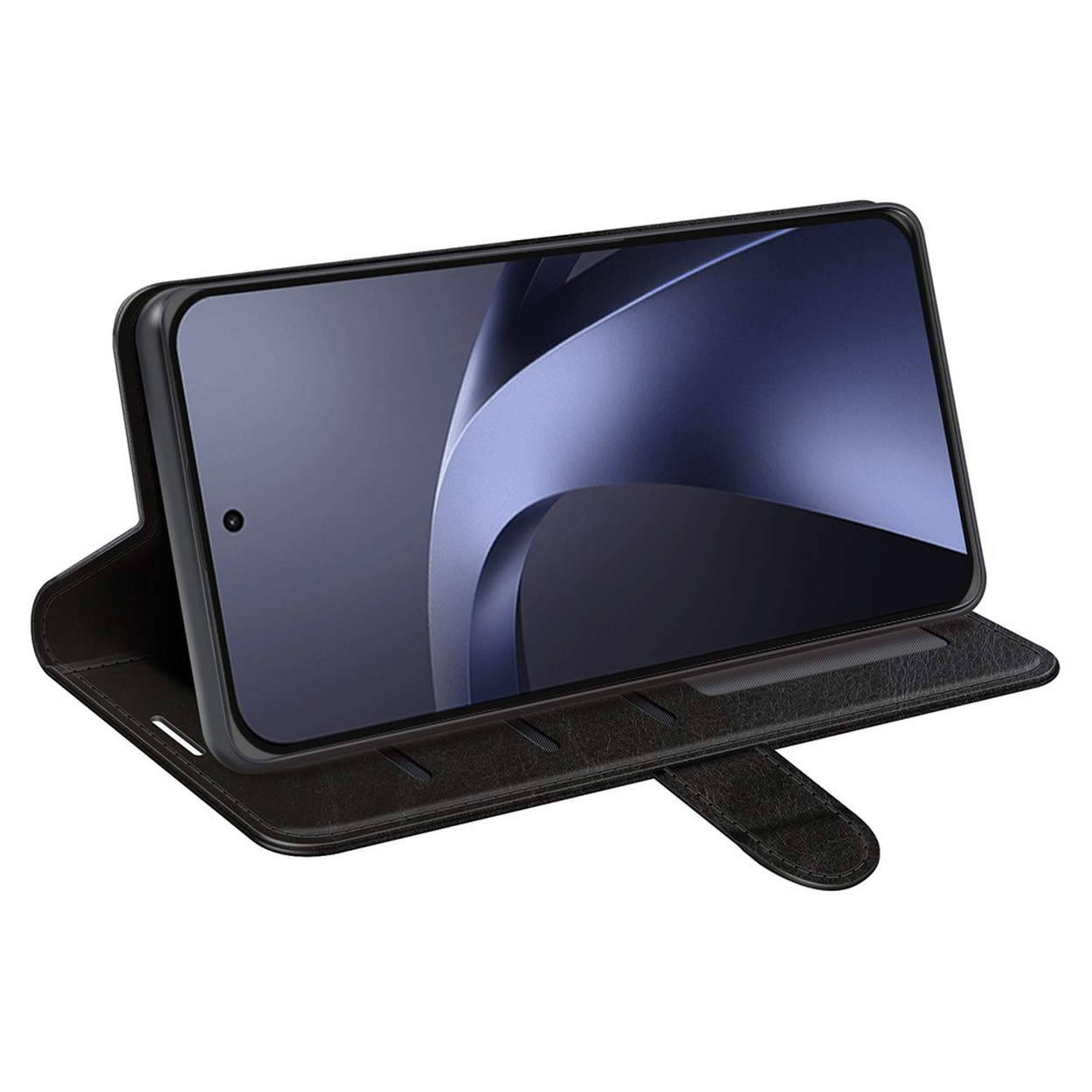 A black smartphone sits horizontally in an open leather wallet case against a white background.