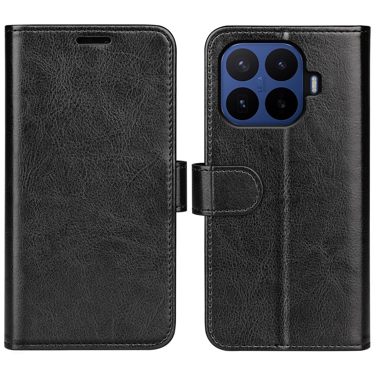 Black leather phone wallet case showing front closed cover and back with camera cutouts and magnetic clasp.