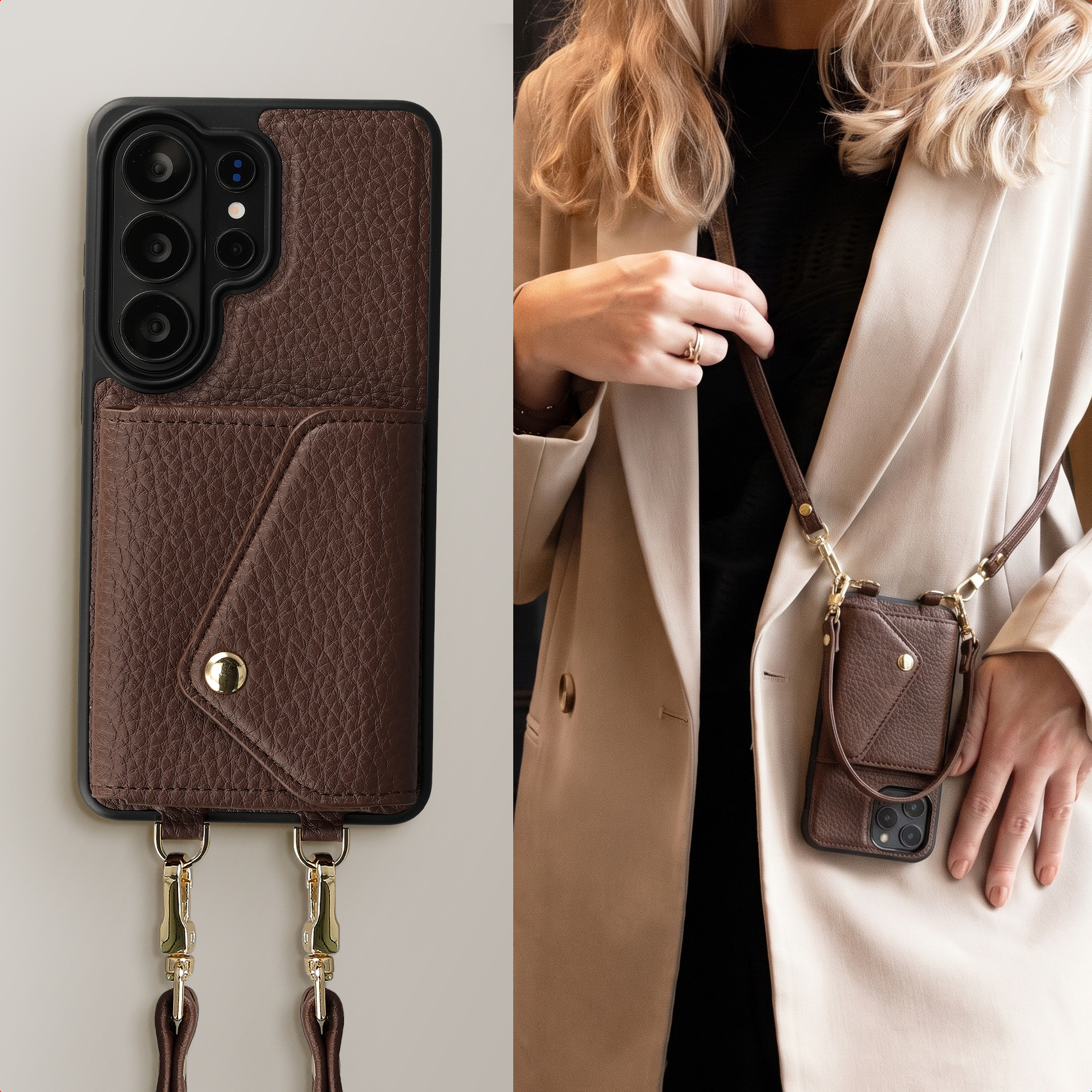 Coque de téléphone en cuir marron avec poche et lanière portée par une femme.