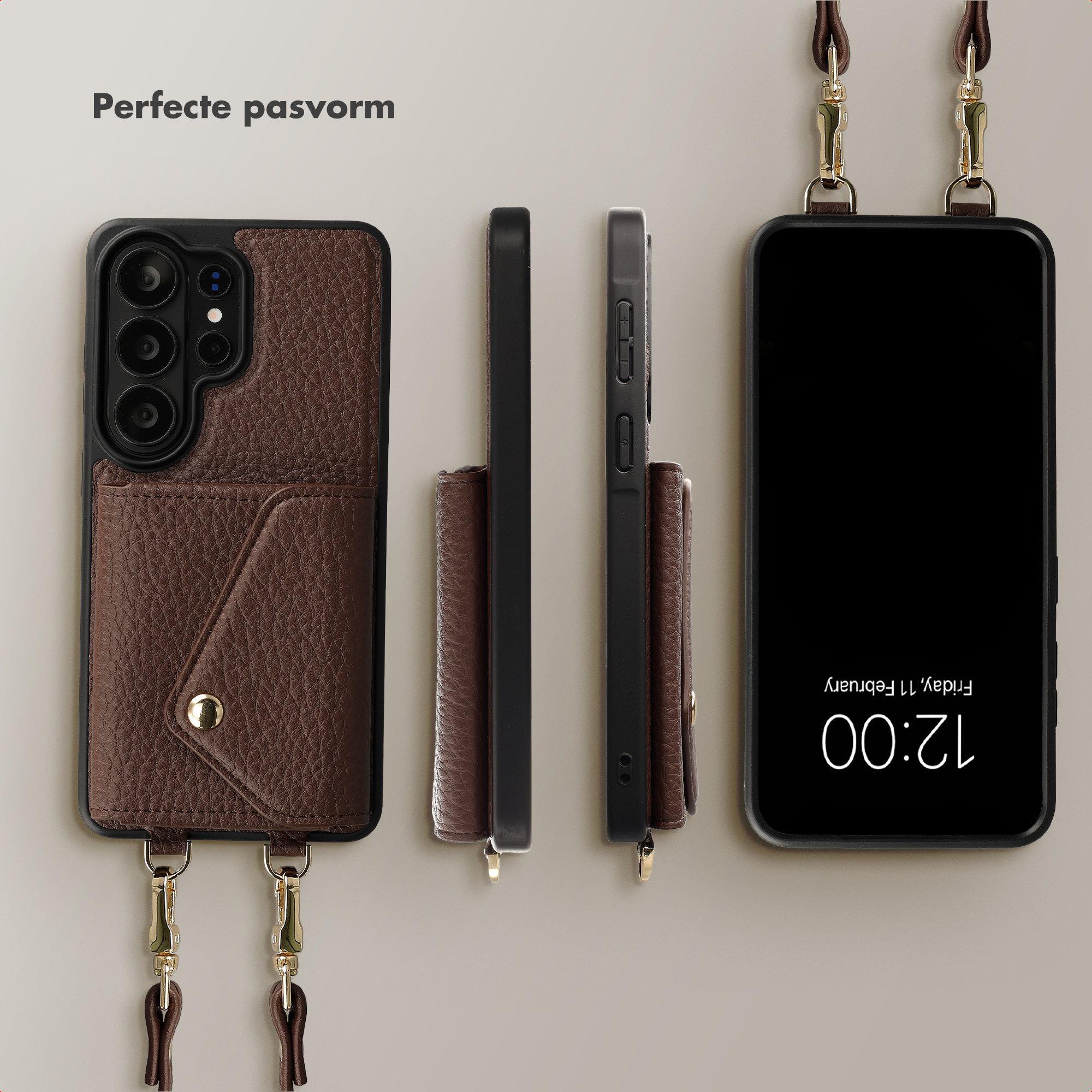 Coque de téléphone en cuir marron avec porte-cartes, lanière et texte sur fond neutre.