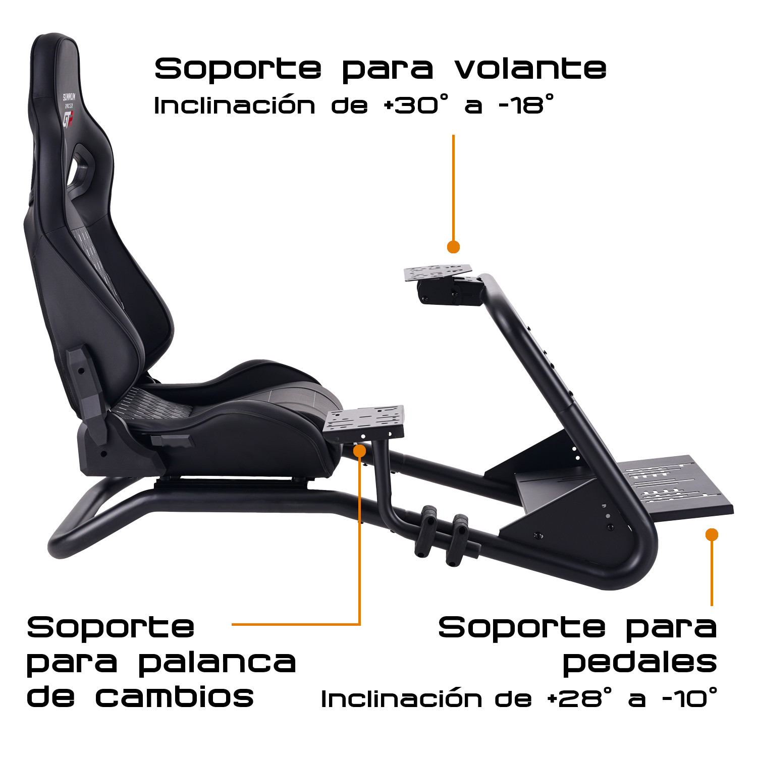 Simulador de juego negro con asiento ajustable, soportes para volante, pedales y palanca sobre fondo blanco.