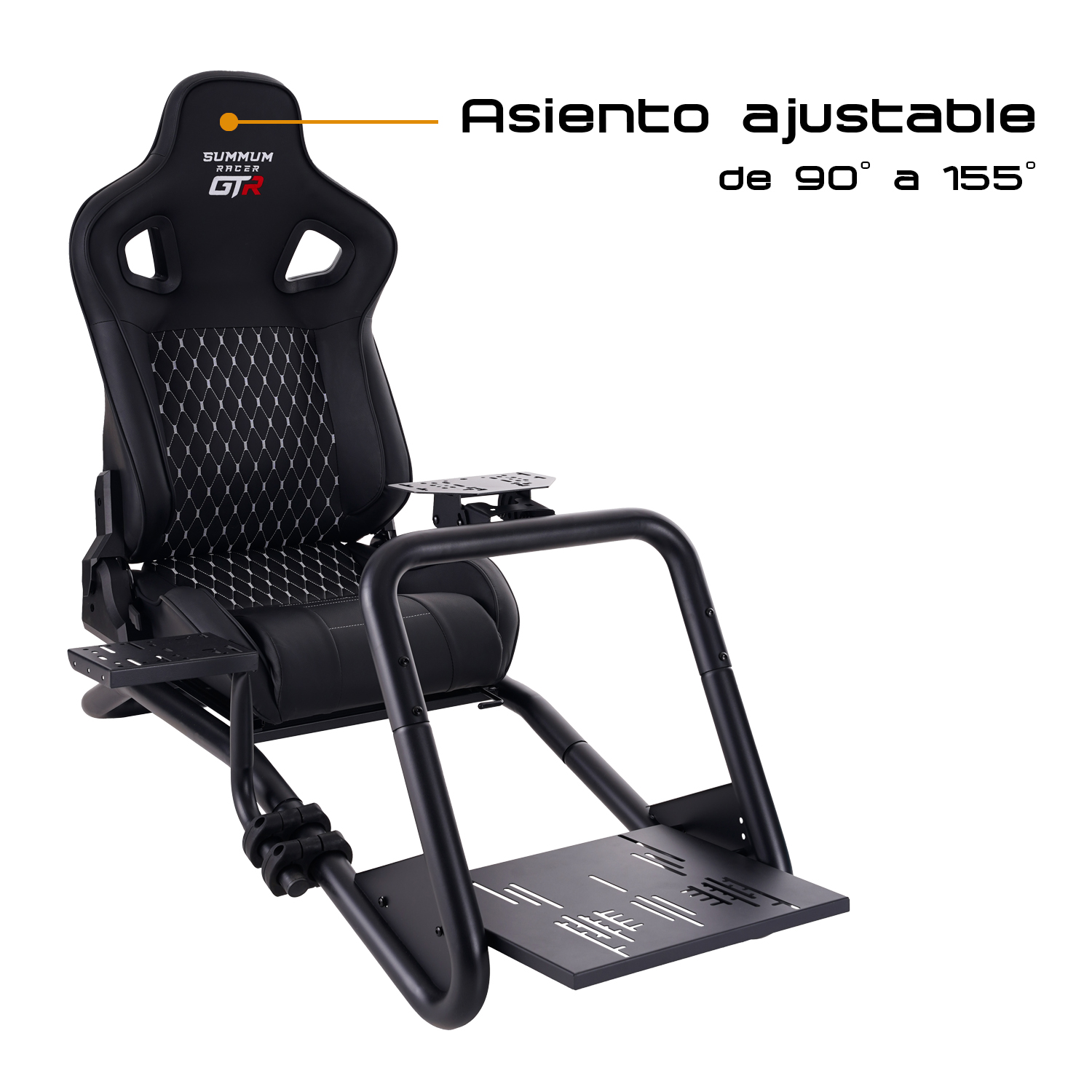 Asiento de simulador de juego negro con respaldo ajustable y estructura de acero.
