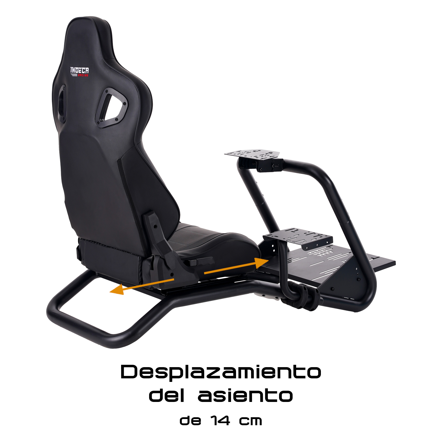 Asiento y estructura de simulador de carreras negro con flechas naranjas que muestran ajuste de 14 cm.