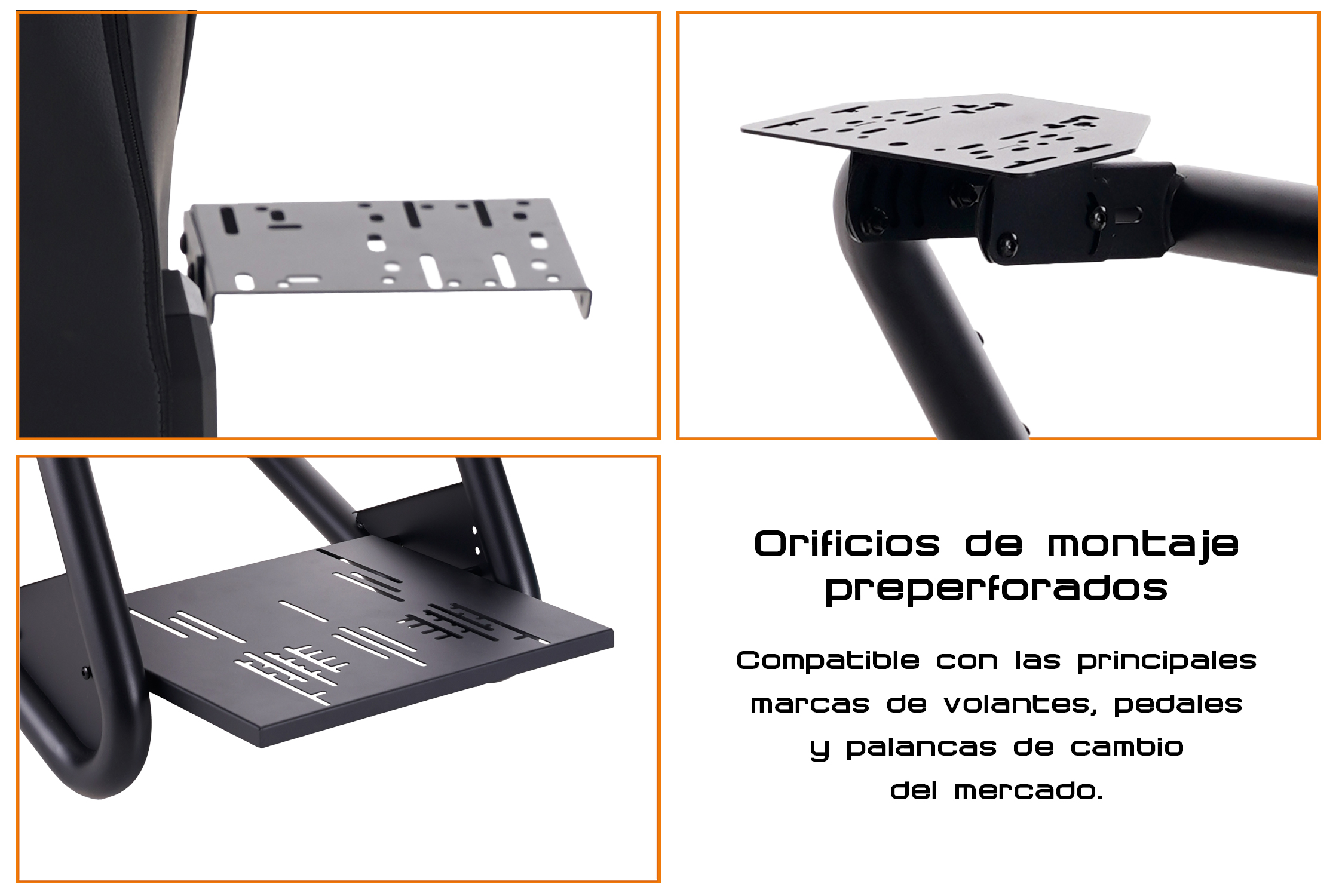 Detalles de un soporte de silla gaming con orificios pretaladrados para volantes, pedales y palancas.