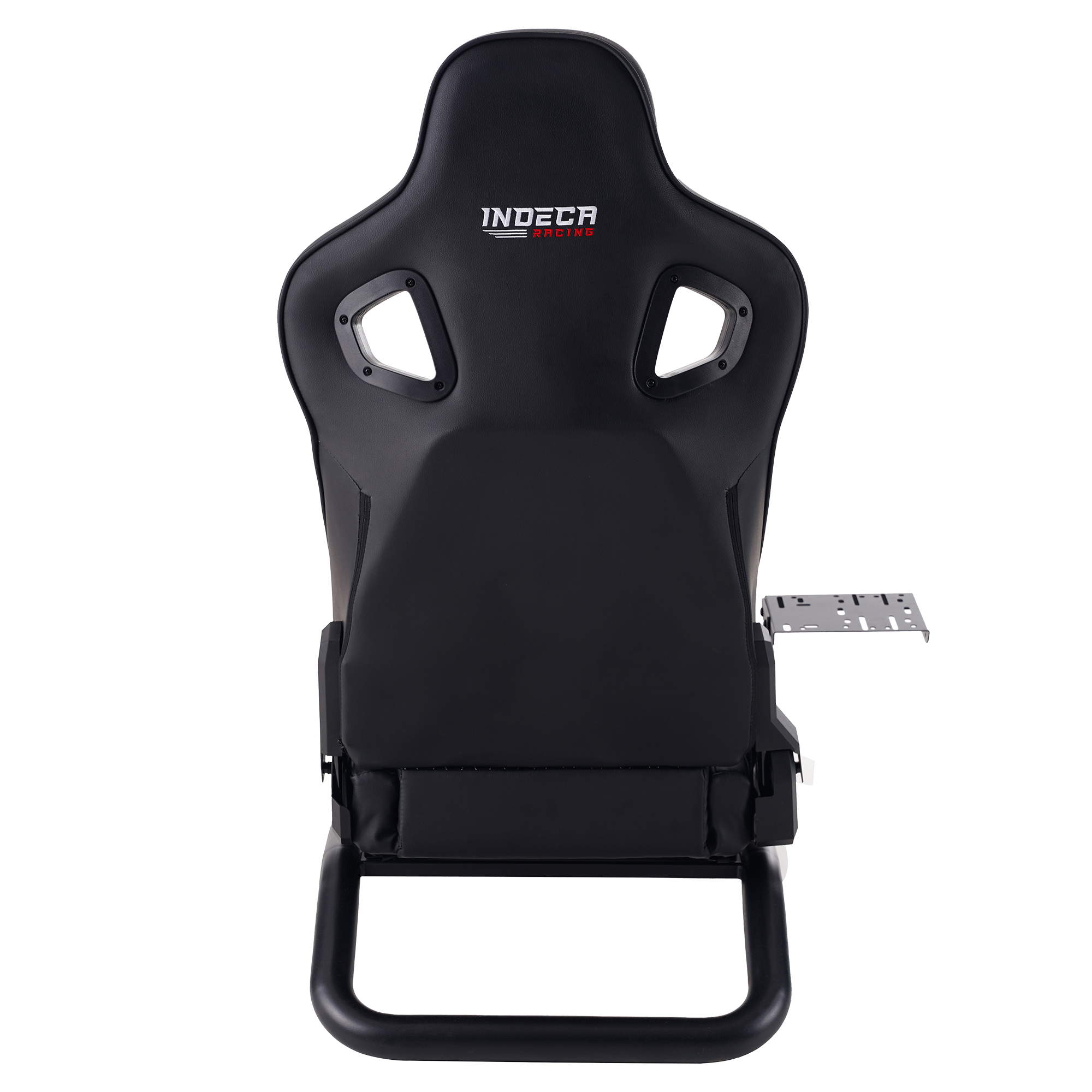Un asiento de juego Indeca Racing negro sobre fondo blanco, visto desde atrás, con un soporte de montaje de metal.