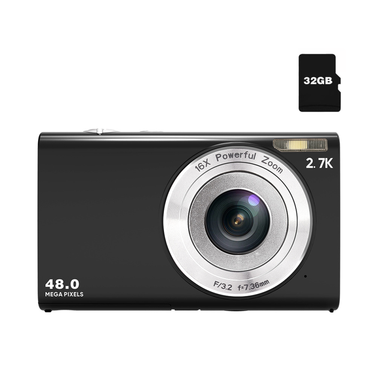 Eine schwarze Digitalkamera mit silbernem Objektiv und einer 32-GB-Speicherkarte darüber auf schwarzem Grund.