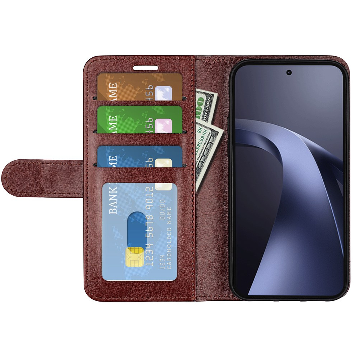 Brown leather wallet phone case with multiple card slots, dollar bills, and a smartphone on the right.