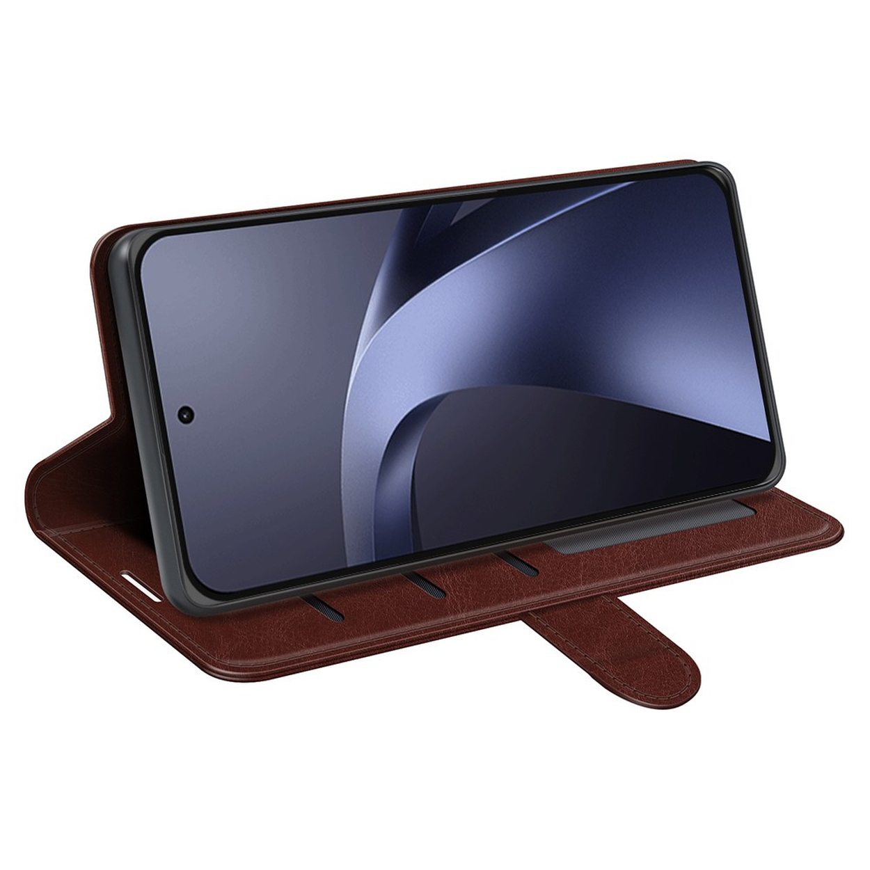A smartphone in a brown leather flip case stands on a white background.