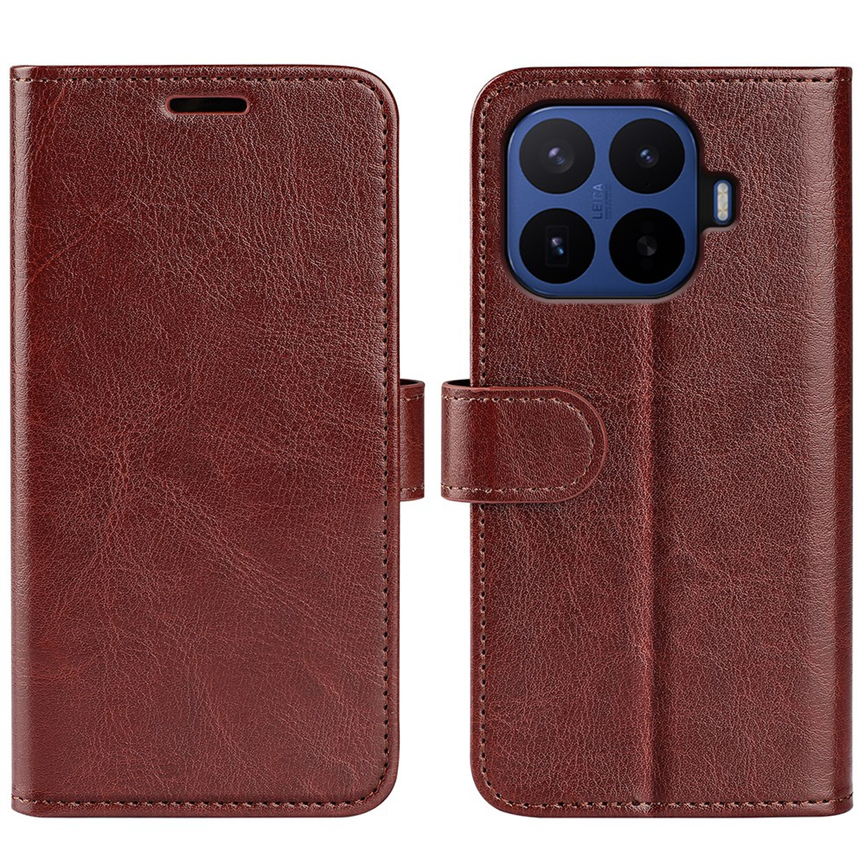 Brown leather smartphone flip case with a magnetic closure and a large blue square camera cutout on the back.