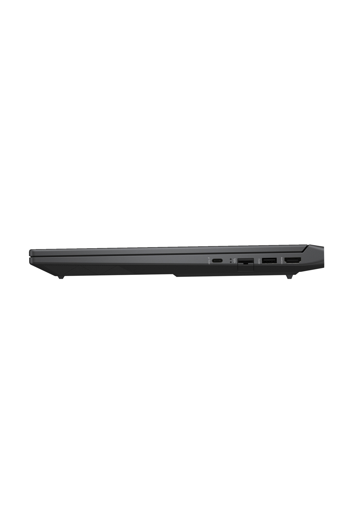 Görünür USB-C, USB ve HDMI bağlantı noktalarına sahip kapalı siyah dizüstü bilgisayarın sol tarafı.