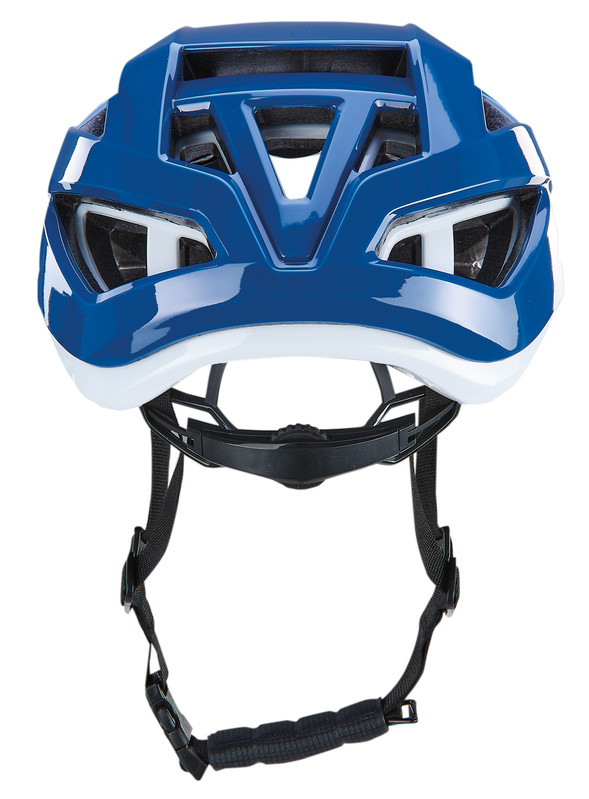 Glänzender blauer und weißer Fahrradhelm mit Belüftungsöffnungen und schwarzen Gurten von vorne.