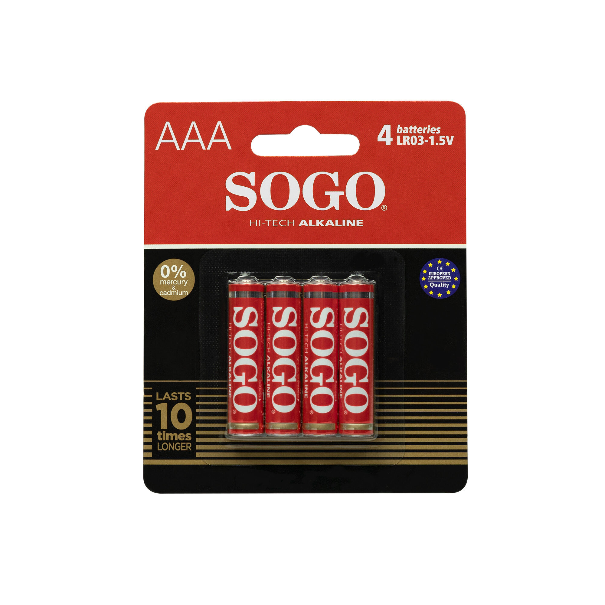 Una confezione di quattro batterie alcaline SOGO AAA in rosso e bianco su sfondo nero.