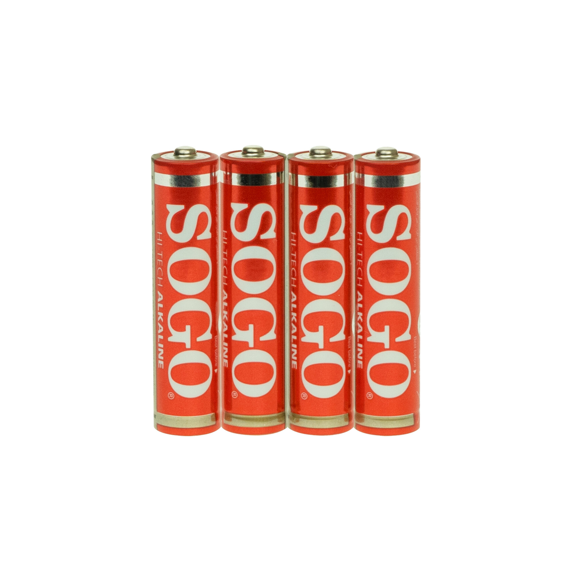 Quattro batterie alcaline AA Sogo rosse sono affiancate su sfondo bianco.