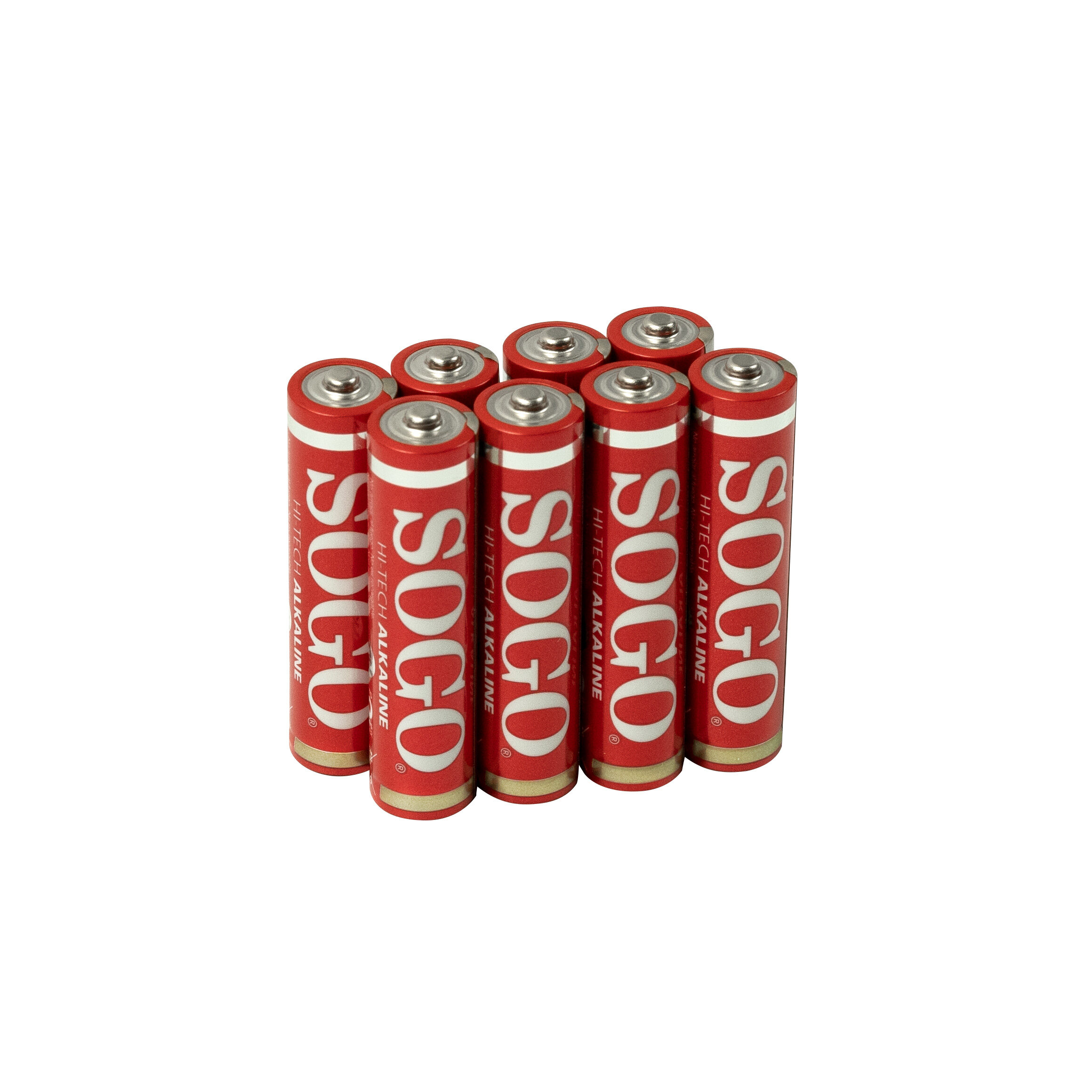 Un gruppo di batterie alcaline rosse Sogo AA si trova in posizione verticale su sfondo bianco.