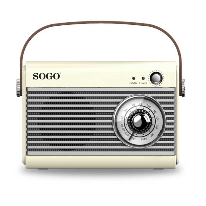 Radio retrò color crema con griglia argentata, quadrante rotondo, manopola del volume e maniglia di trasporto marrone.