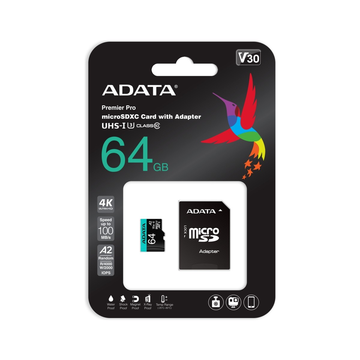 Sinekkuşu logolu orijinal ambalajında adaptörlü Adata 64GB microSDXC kart.