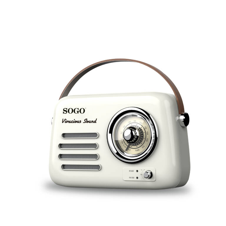 Una radio retro bianca Sogo con manico marrone e quadrante rotondo su sfondo bianco.