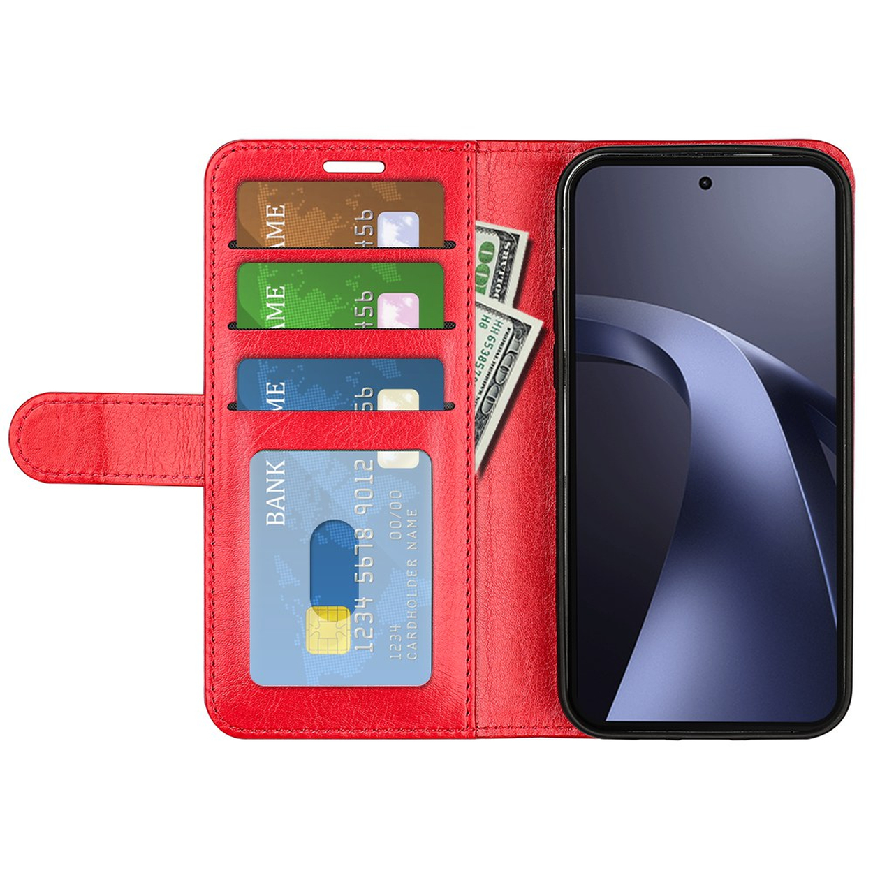 Red leather wallet phone case with four card slots, paper money, and a smartphone.