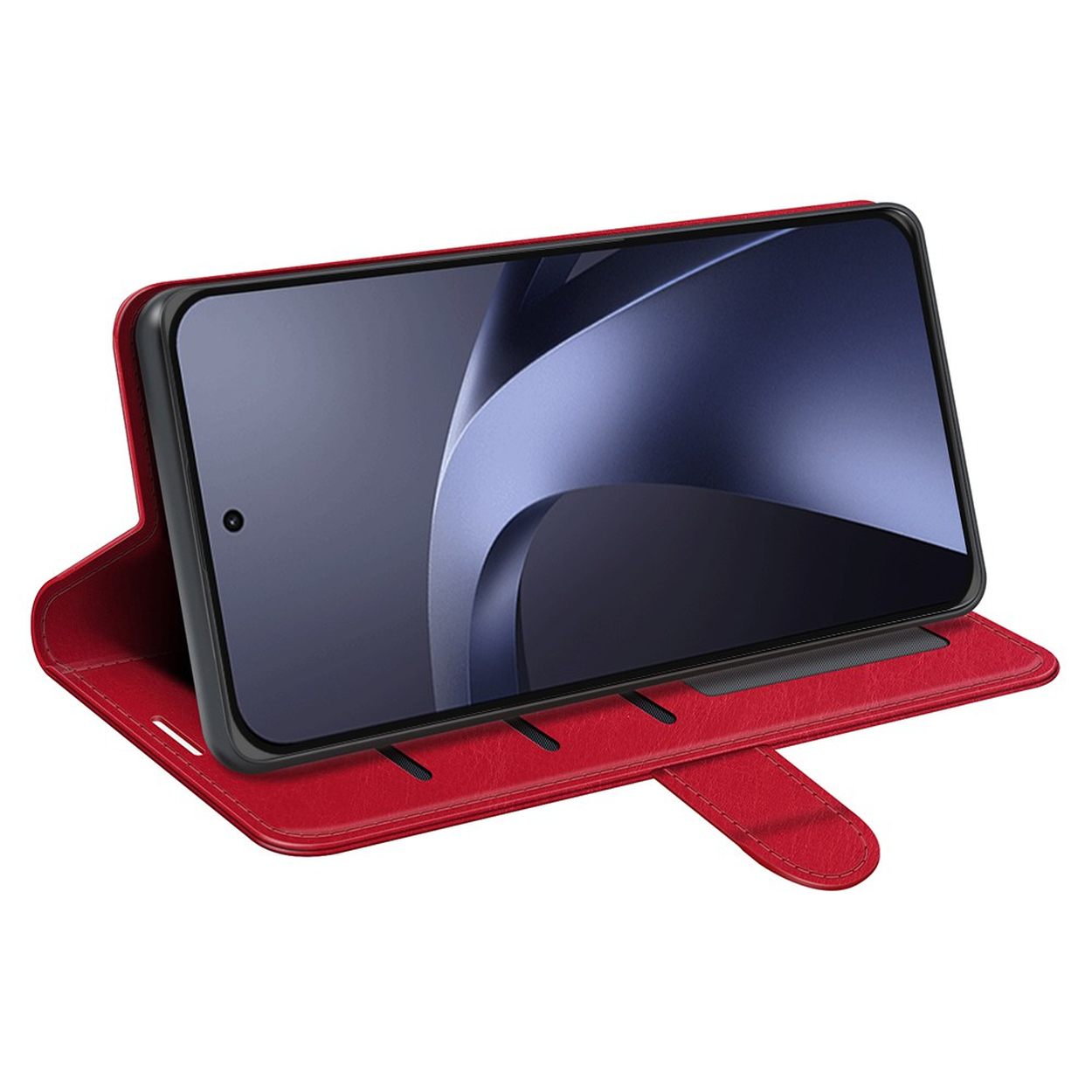 A red leather wallet phone case holds a smartphone with a blue screen in landscape mode.