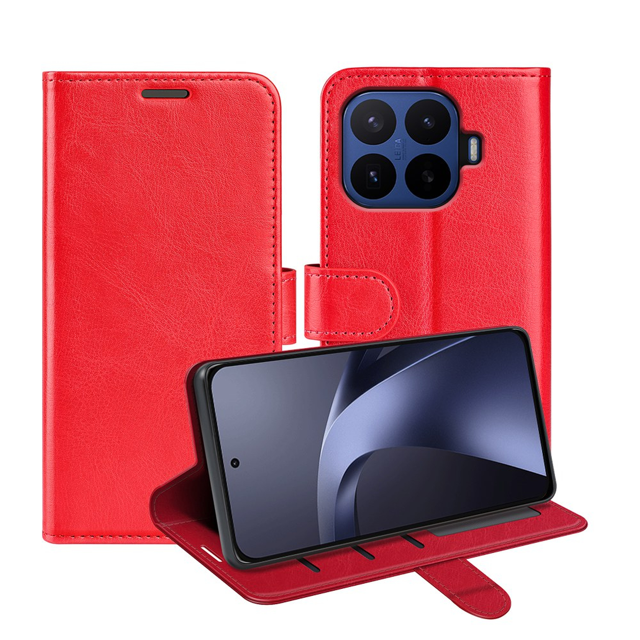 Red leather phone case showing front and back views upright, and a smartphone resting inside its stand-up folio.