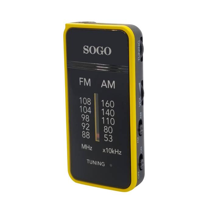 Una radio portatile SOGO gialla e nera con quadranti di frequenza analogici.
