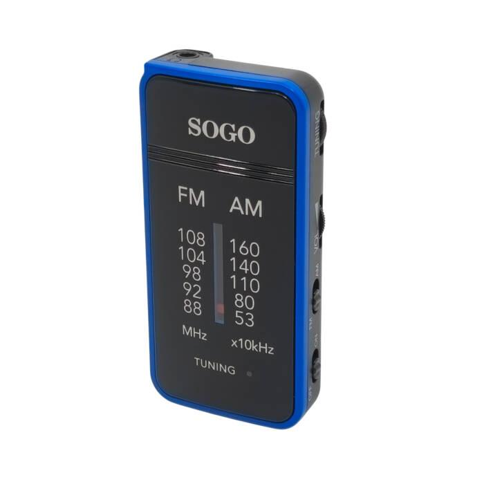 Radio tascabile SOGO compatta, blu e nera, con scale di frequenza FM e AM.