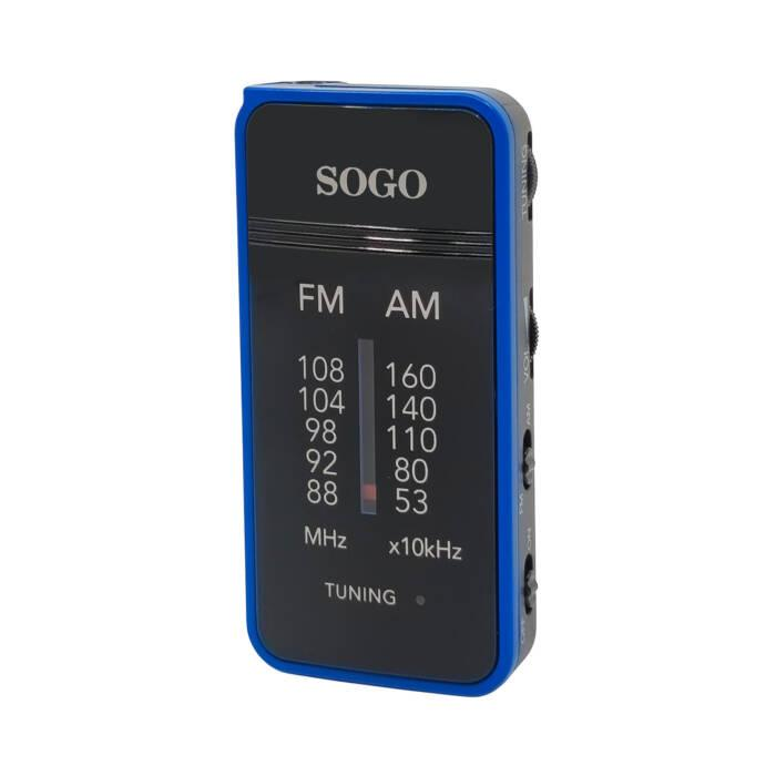 Una radio tascabile Sogo nera e blu con scale di frequenza FM e AM sulla parte anteriore.