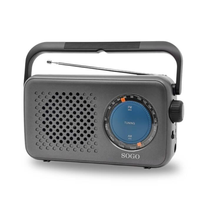 Radio portatile grigia con maniglia nera, griglia altoparlante rotonda, sintonia e antenna.