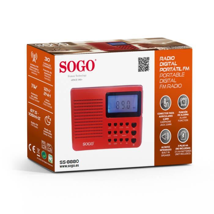 Scatola di imballaggio di una radio digitale portatile SOGO rossa con caratteristiche.