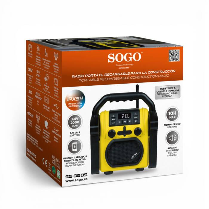 Radio da cantiere Sogo gialla in scatola con info e icone.