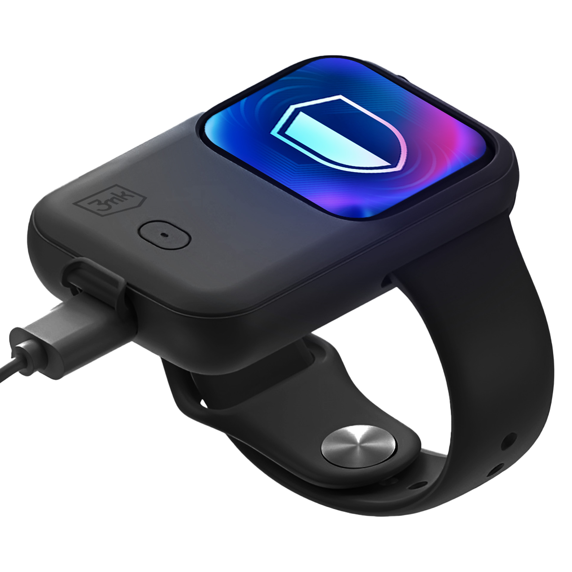 Een zwarte smartwatch met oplaadkabel en blauw schildpictogram op het scherm tegen een witte achtergrond.