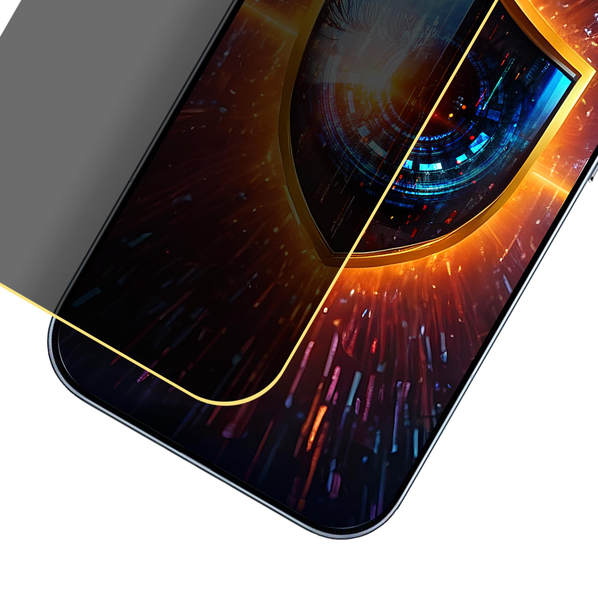 Uno smartphone inclinato con una pellicola protettiva in vetro e un display vibrante.