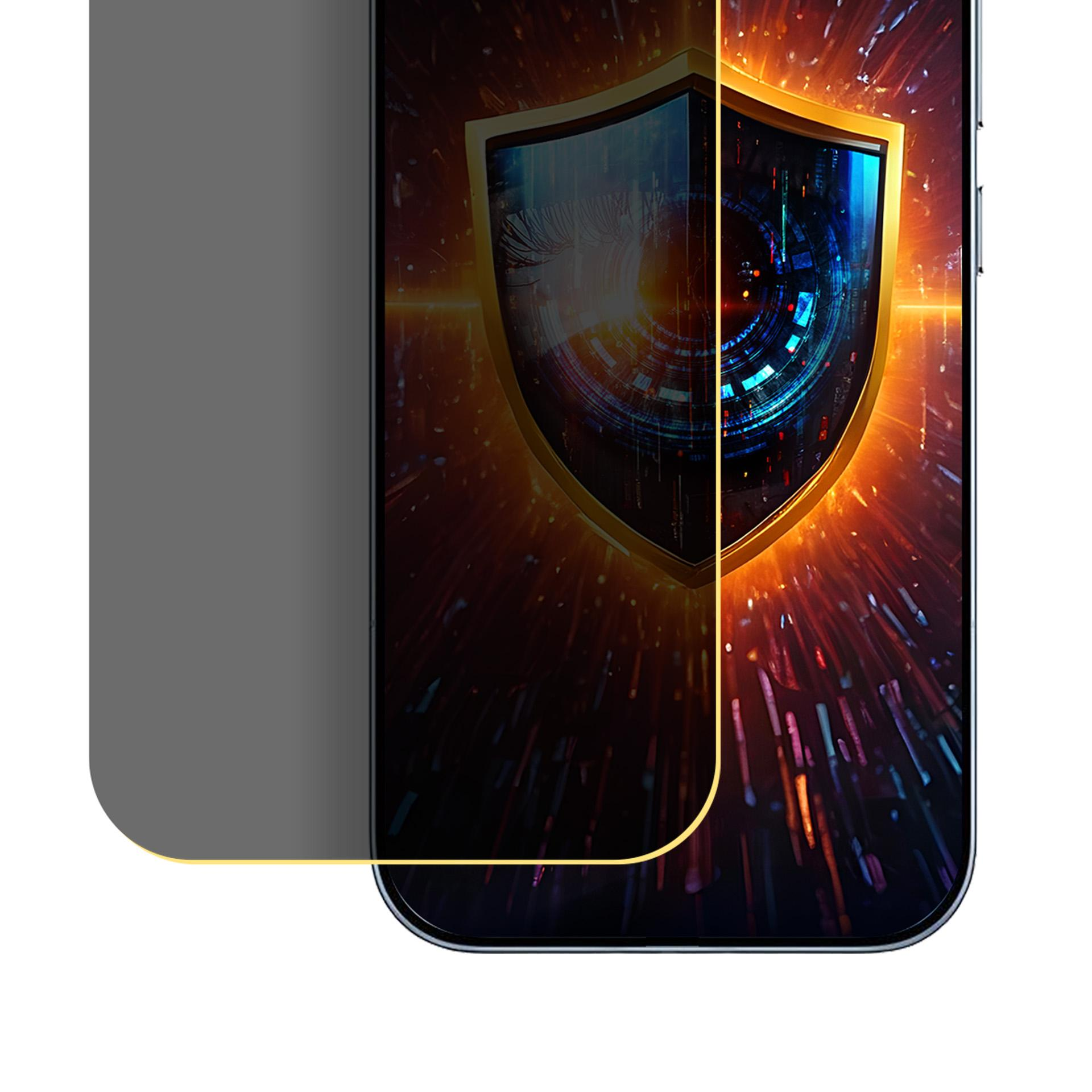 Schermo dello smartphone che mostra uno scudo dorato su uno sfondo digitale arancione e blu con elementi cibernetici.