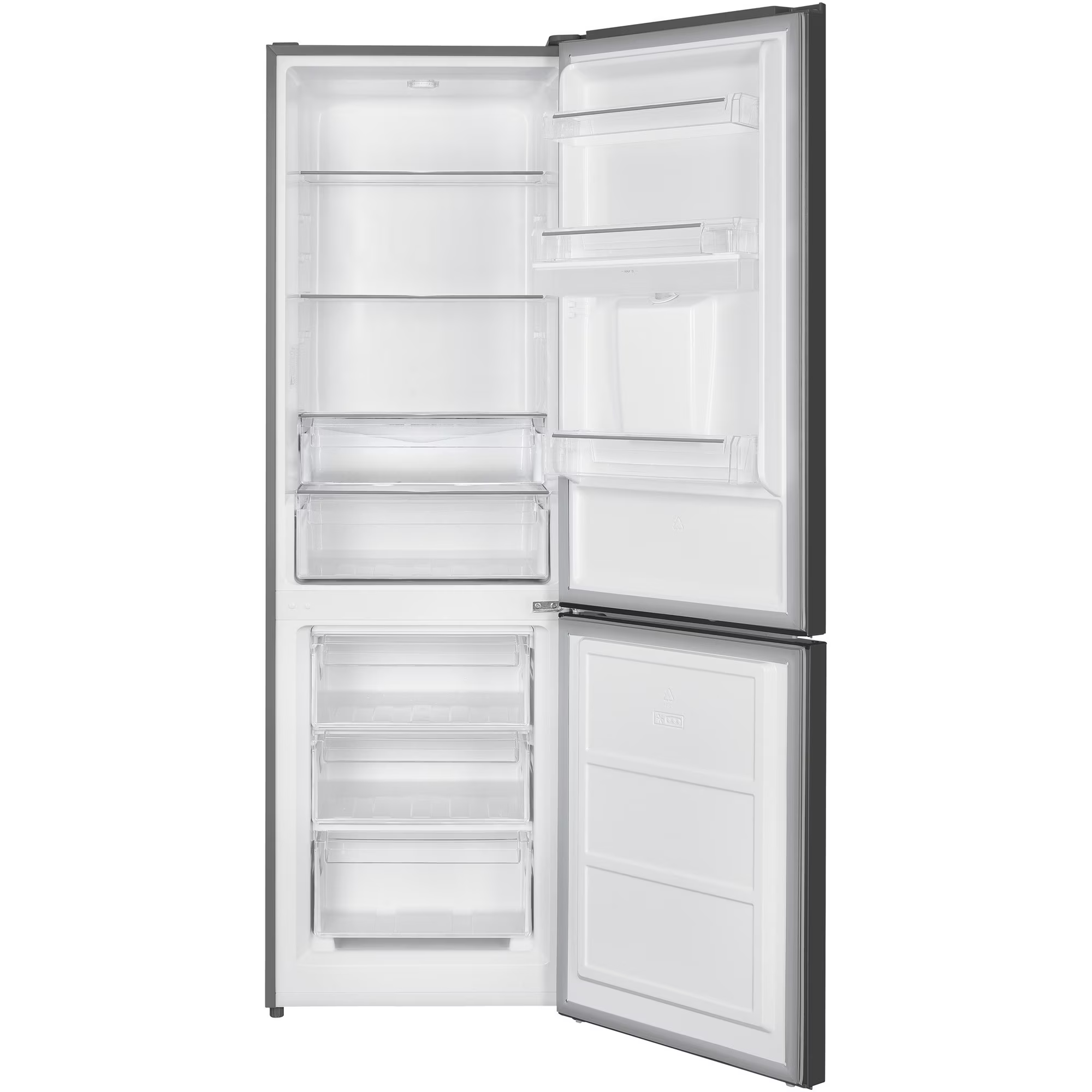 Ein offener silberner Kühlschrank mit leerem weißen Innenraum.