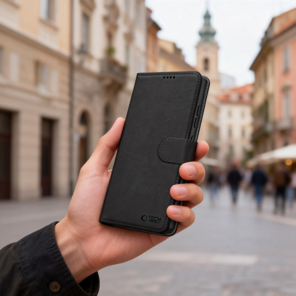 Eine Hand hält ein geschlossenes schwarzes Smartphone-Etui vor einer verschwommenen Straßenszene.
