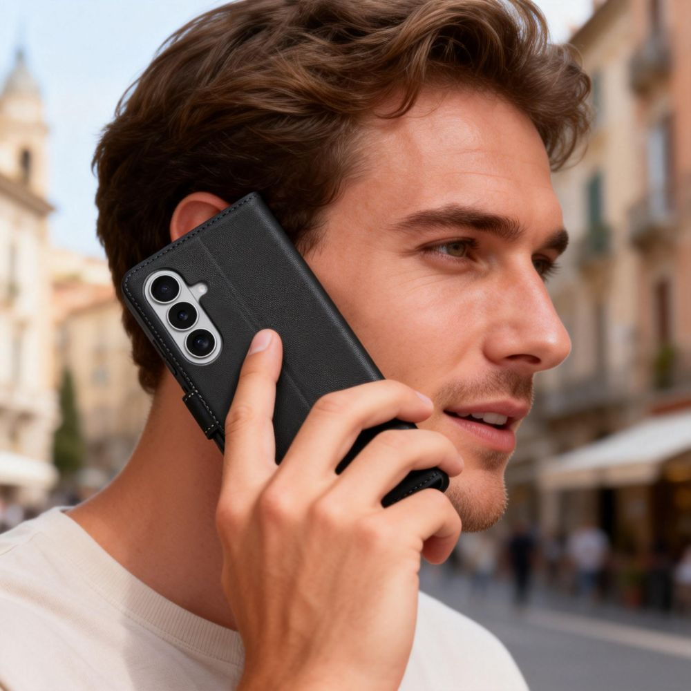 Ein Mann mit braunen Haaren telefoniert im Freien mit einem schwarzen Smartphone.