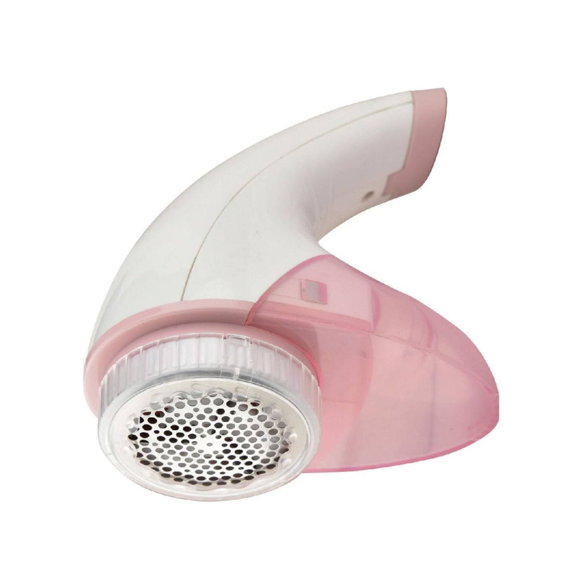 Un levapelucchi bianco e rosa su sfondo bianco.
