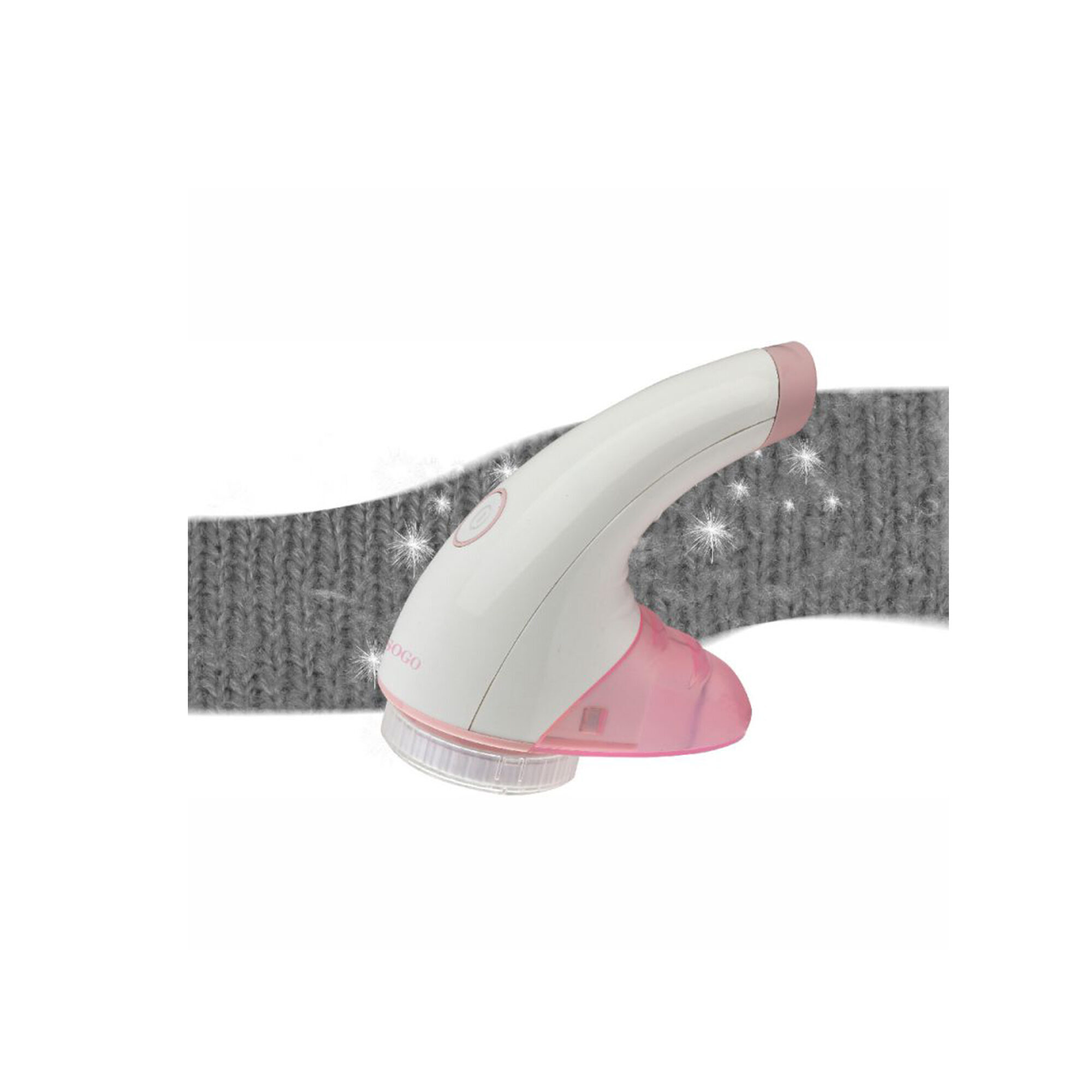 Un levapelucchi bianco e rosa su un tessuto di maglia grigio con stelle scintillanti.