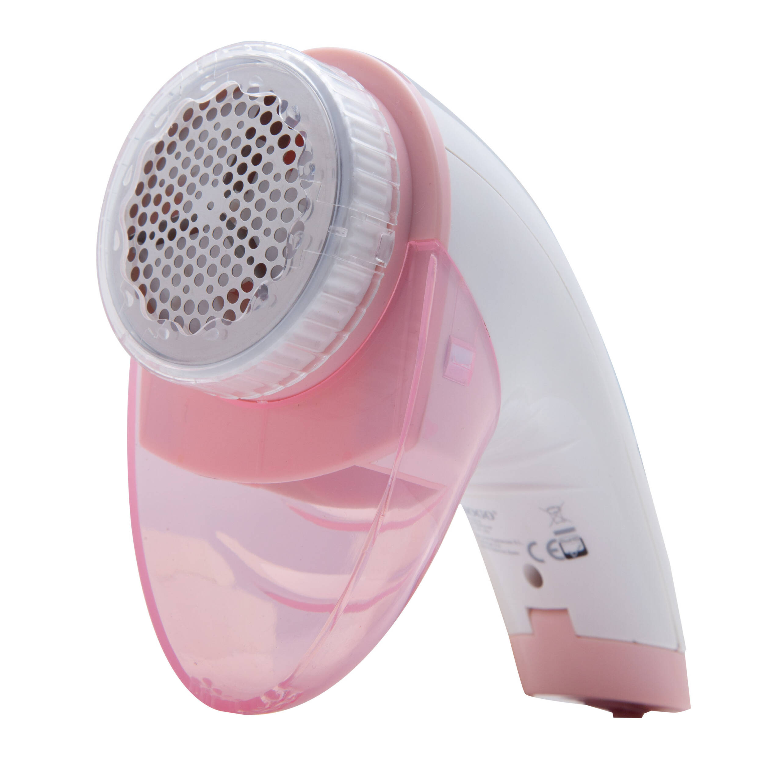 Levapelucchi bianco e rosa con testina in metallo perforato e serbatoio traslucido su sfondo bianco.