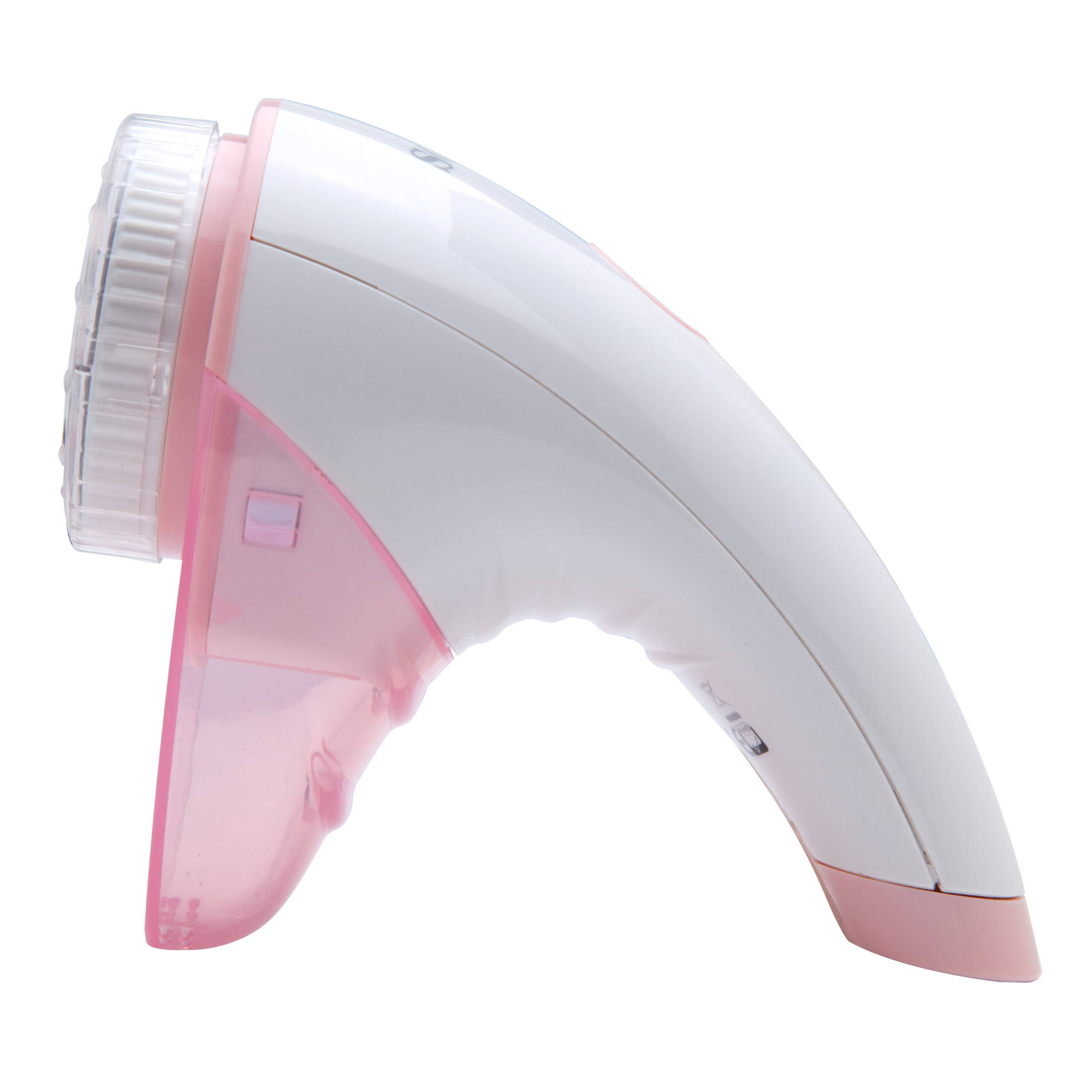 Unlevapelucchi elettrico bianco e rosa visto di lato su sfondo bianco.
