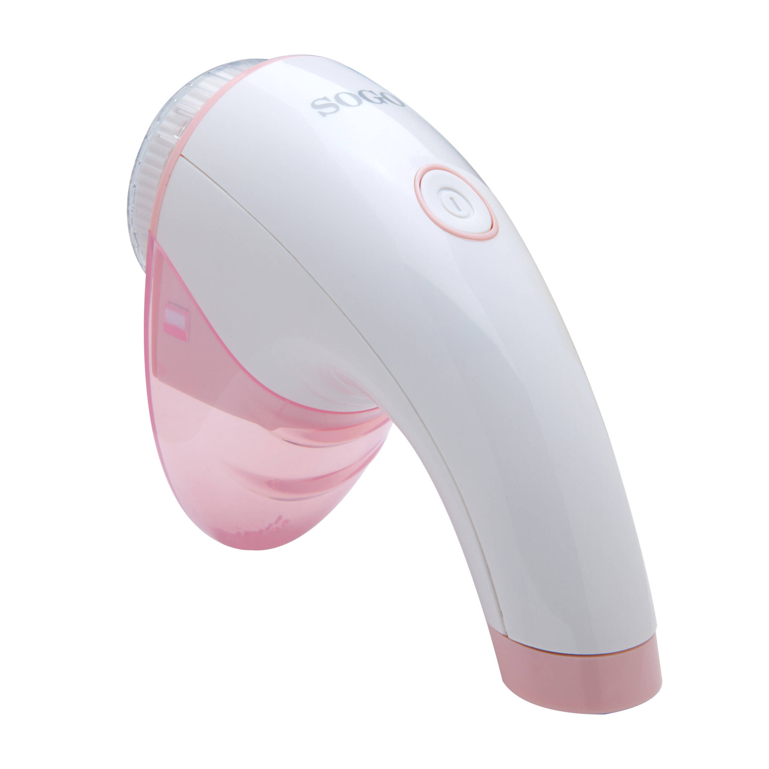 Un levapelucchi Sogo bianco e rosa con serbatoio rimovibile su sfondo bianco.